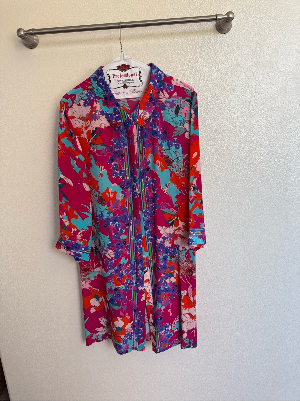Soft Surroundings Fuchsia Floral Trench Coat with Teal & Red Accents